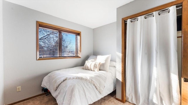 bedroom with light colored carpet