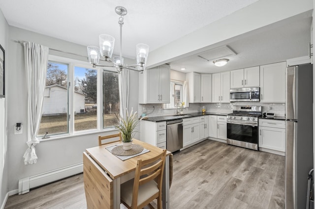 kitchen featuring baseboard heating, pendant lighting, white cabinets, and stainless steel appliances