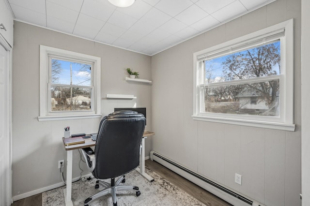 office area featuring hardwood / wood-style flooring and baseboard heating