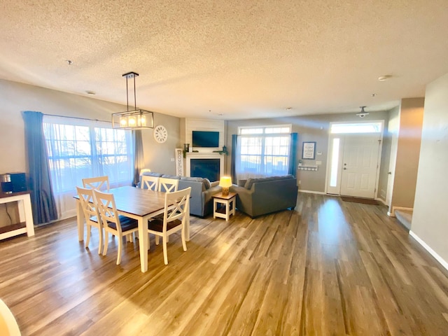 dining area featuring plenty of natural light, wood-type flooring, and a textured ceiling