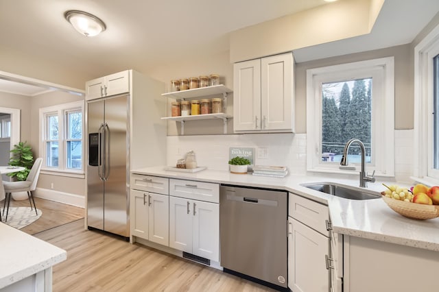 kitchen featuring sink, white cabinets, decorative backsplash, a wealth of natural light, and appliances with stainless steel finishes