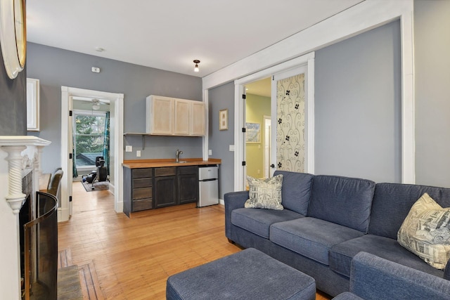 living room with a fireplace, light wood-type flooring, and sink