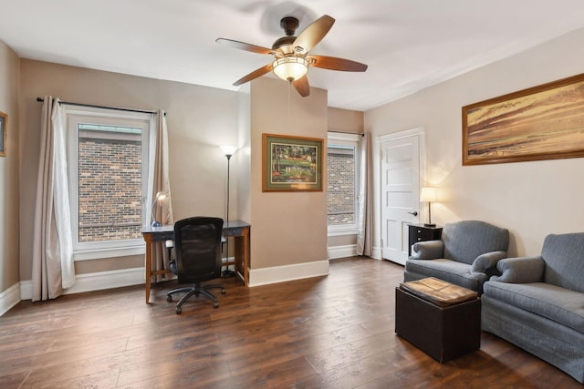 office with ceiling fan, plenty of natural light, and dark wood-type flooring