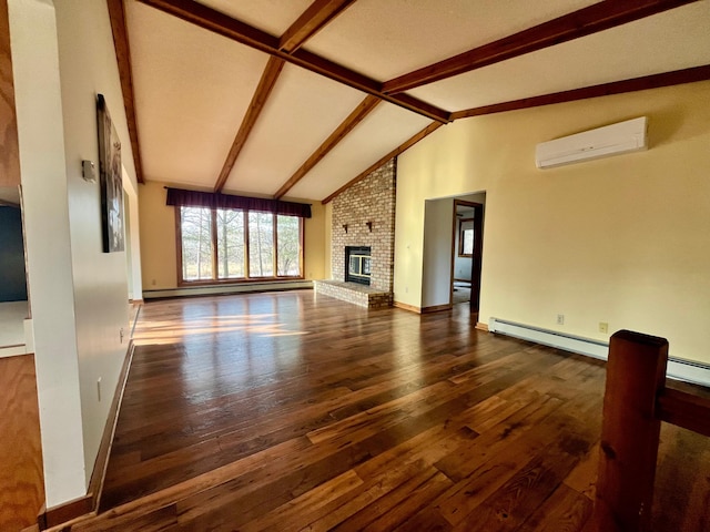 unfurnished living room featuring dark wood finished floors, vaulted ceiling with beams, baseboard heating, a wall mounted AC, and a brick fireplace