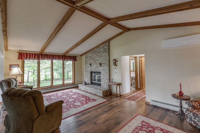 living room featuring dark wood-style floors, vaulted ceiling with beams, baseboard heating, a fireplace, and a wall mounted AC