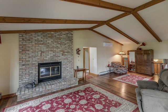 living room with dark wood-style flooring, vaulted ceiling with beams, an AC wall unit, a fireplace, and a baseboard heating unit