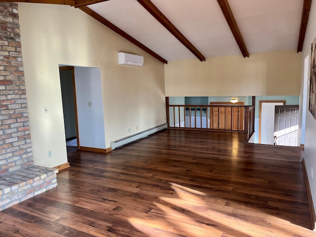 unfurnished room with dark wood-style floors, an AC wall unit, baseboard heating, and beamed ceiling