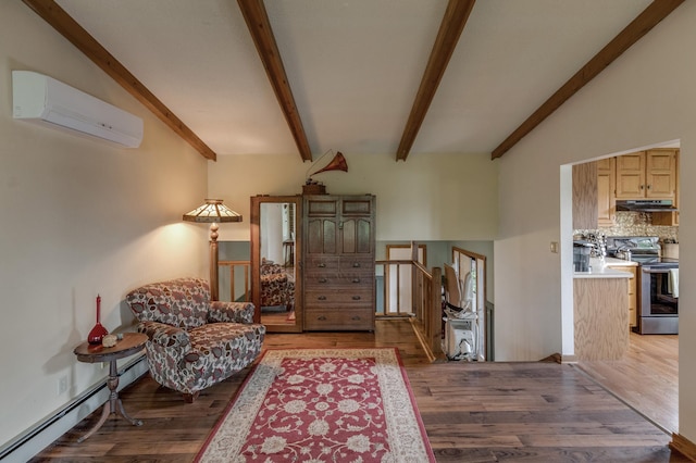 living area with lofted ceiling with beams, wood finished floors, an upstairs landing, baseboard heating, and a wall mounted air conditioner