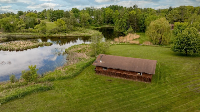 drone / aerial view featuring a water view