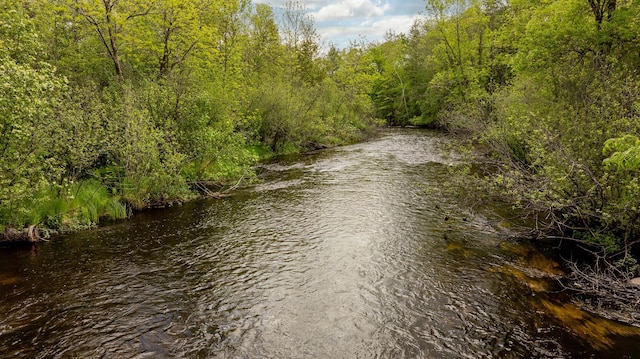 view of water feature featuring a forest view