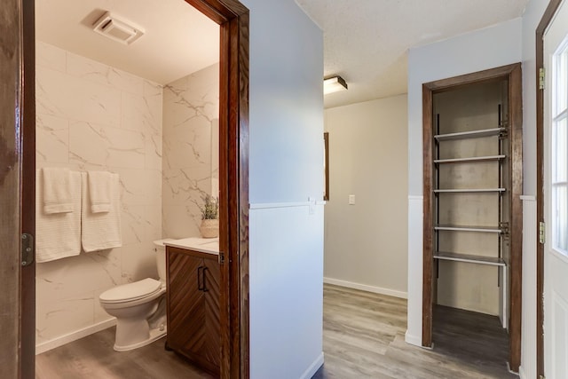 bathroom featuring vanity, toilet, and wood-type flooring