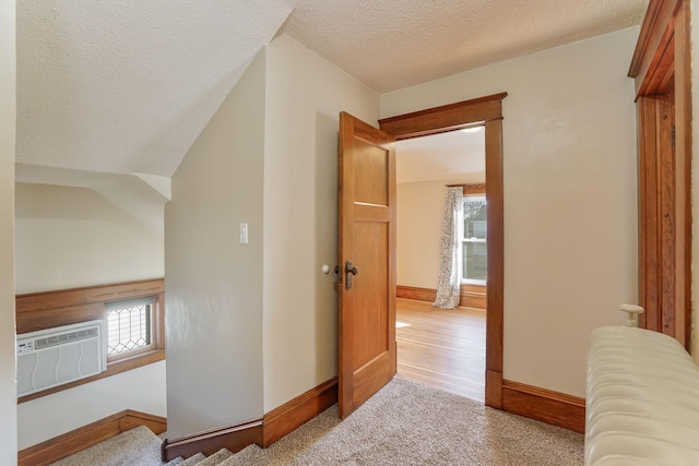 hall featuring light carpet and a textured ceiling