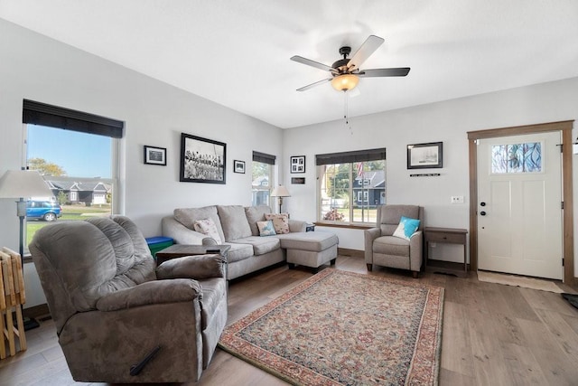 living room featuring ceiling fan and light wood-type flooring