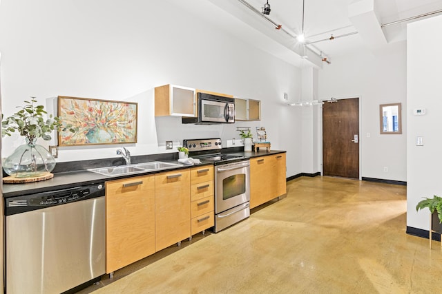 kitchen featuring light brown cabinets, a towering ceiling, stainless steel appliances, and sink