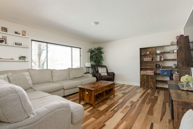 living room featuring wood-type flooring and a textured ceiling