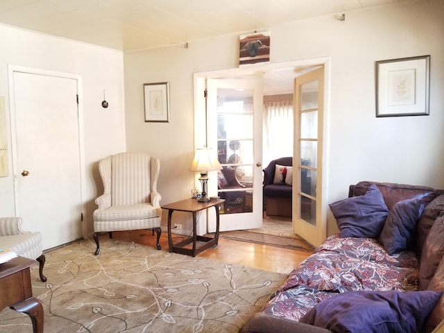 living room featuring light hardwood / wood-style flooring and french doors