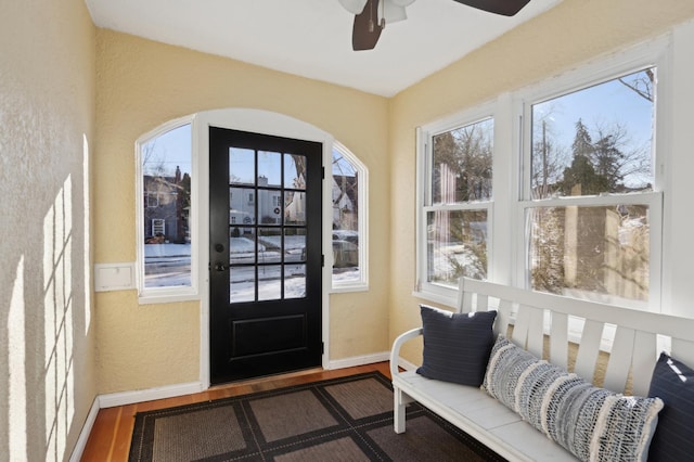 foyer with hardwood / wood-style floors and ceiling fan