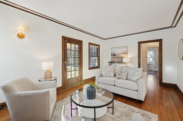 living room with crown molding, dark hardwood / wood-style floors, and a healthy amount of sunlight