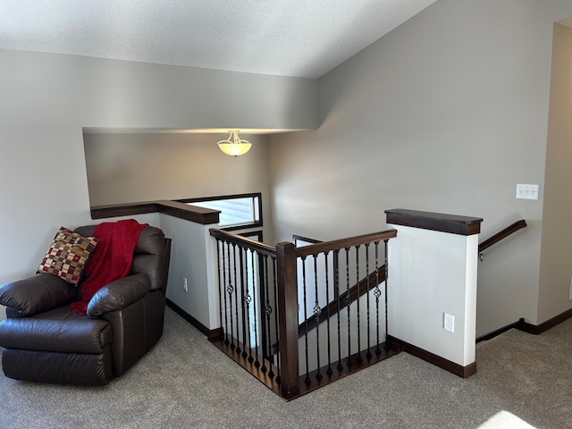 stairway featuring a textured ceiling and carpet flooring