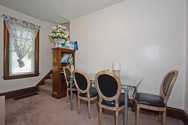 carpeted dining area with a textured ceiling