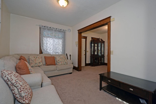 living room featuring a textured ceiling and light carpet