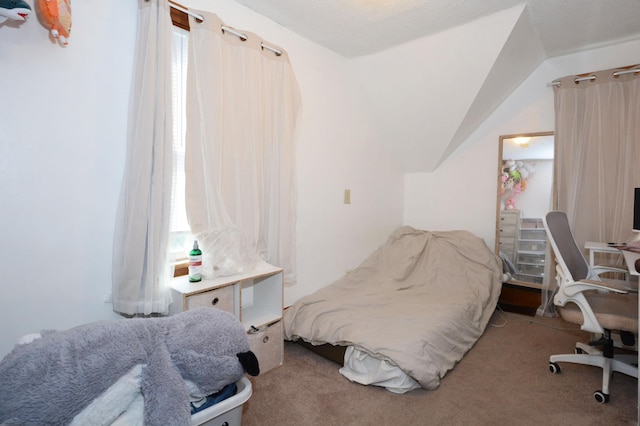 carpeted bedroom featuring lofted ceiling