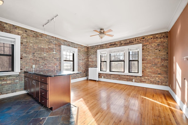 kitchen featuring radiator, a wealth of natural light, hanging light fixtures, and brick wall