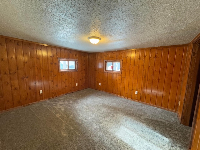 basement featuring carpet flooring, a textured ceiling, and wood walls