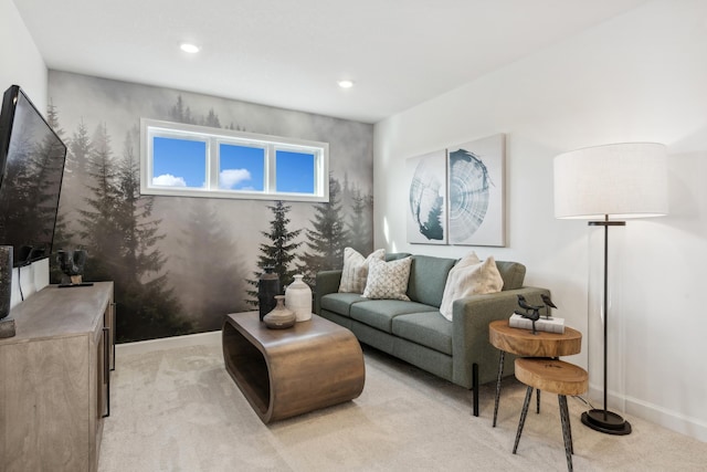 living room featuring light colored carpet