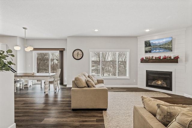 living room with a large fireplace and dark hardwood / wood-style floors