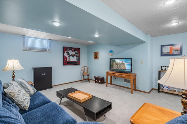 living area with recessed lighting, baseboards, and carpet floors