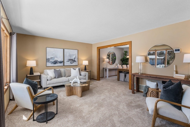 living room featuring light carpet