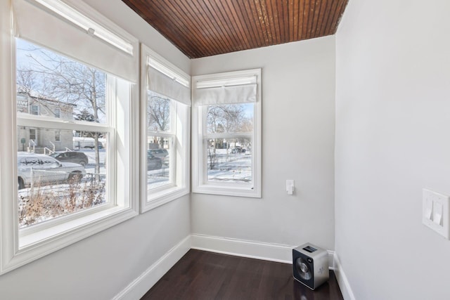 unfurnished room featuring a healthy amount of sunlight, dark wood-type flooring, and wooden ceiling