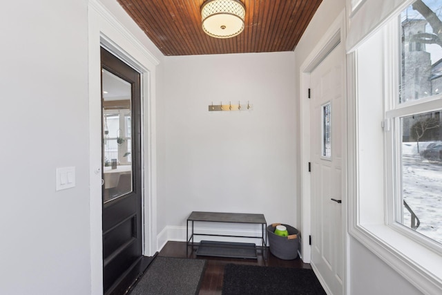 doorway with wood ceiling and wood-type flooring