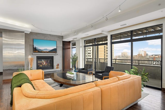 living room with dark hardwood / wood-style flooring, a large fireplace, and plenty of natural light