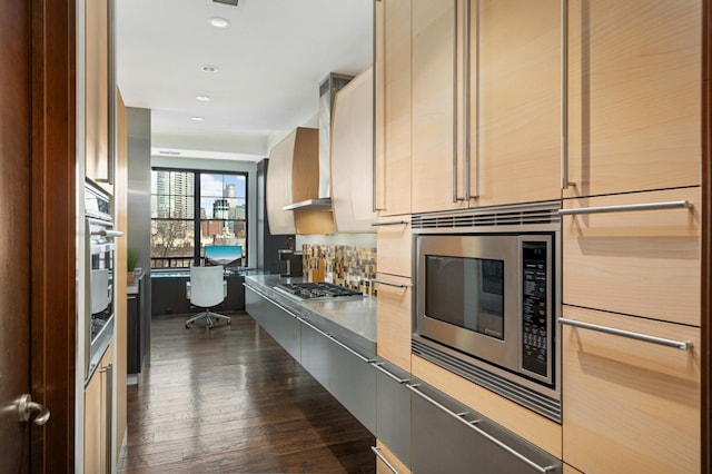 kitchen with tasteful backsplash, stainless steel appliances, dark hardwood / wood-style floors, and wall chimney exhaust hood