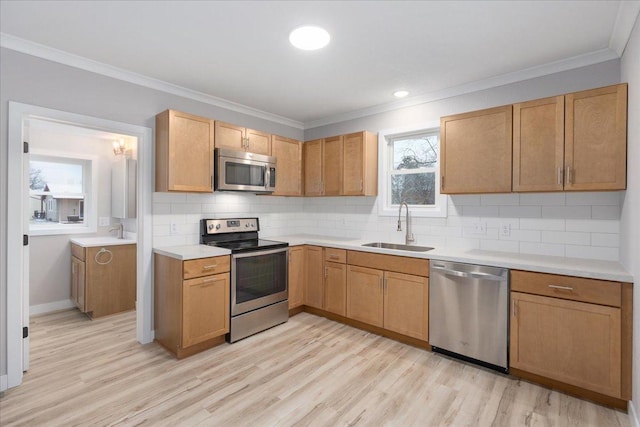 kitchen featuring backsplash, sink, appliances with stainless steel finishes, and light hardwood / wood-style flooring