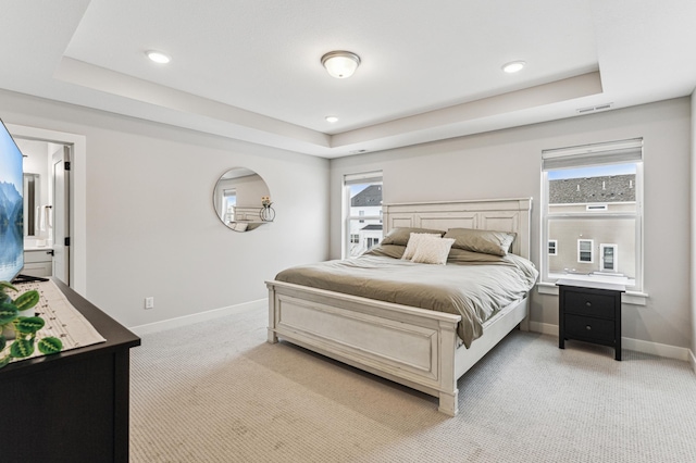 carpeted bedroom featuring a raised ceiling