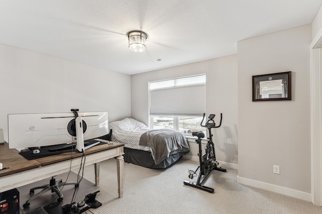 bedroom featuring carpet and a textured ceiling