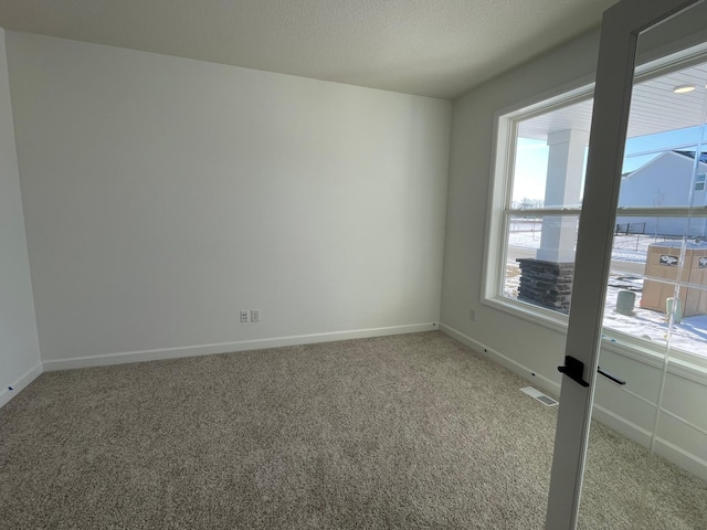 spare room with light colored carpet and a textured ceiling