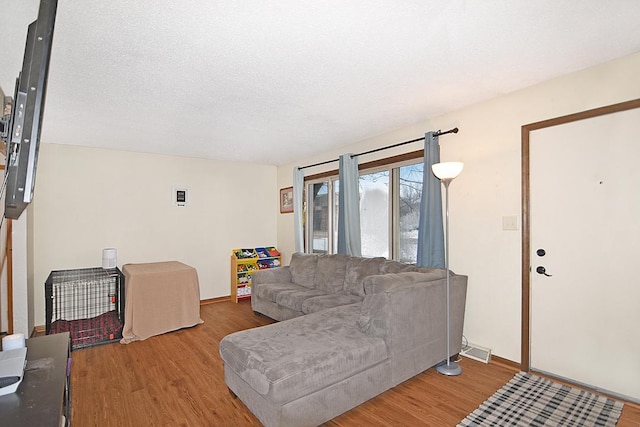 living room with a textured ceiling and hardwood / wood-style flooring