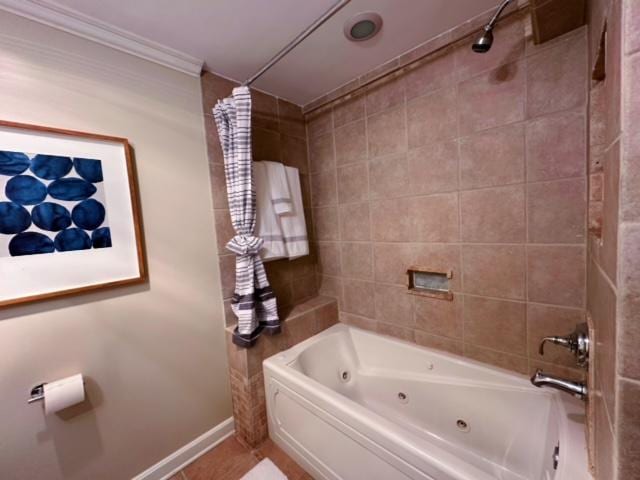 bathroom with tile patterned floors, shower / bath combo, and ornamental molding