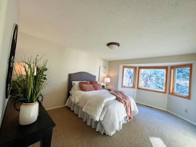 carpeted bedroom with a textured ceiling