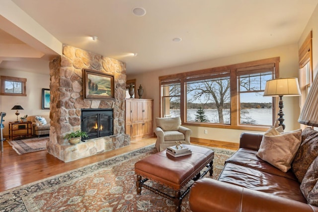 living room featuring hardwood / wood-style flooring and a stone fireplace