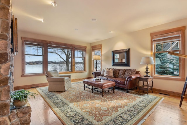 living room featuring light hardwood / wood-style floors and a water view