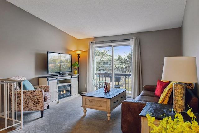 carpeted living room with a textured ceiling