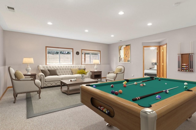 playroom featuring visible vents, baseboards, carpet, recessed lighting, and billiards