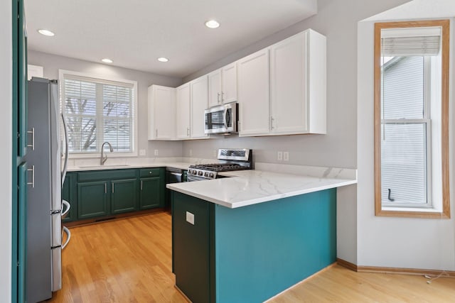 kitchen with light wood-style flooring, a sink, appliances with stainless steel finishes, a peninsula, and white cabinets