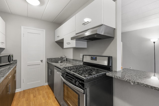 kitchen with stainless steel appliances, sink, exhaust hood, light hardwood / wood-style flooring, and white cabinets