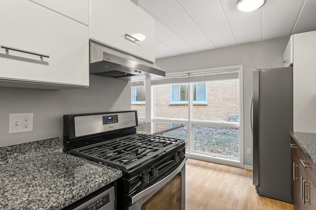 kitchen featuring white cabinets, a wealth of natural light, ventilation hood, and appliances with stainless steel finishes